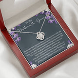 The perfect gift for your future mother in law. Brilliant 14k white gold Love Knot necklace, Zirconia crystal with smaller cubic zirconia. Includes a heartfelt message card included guaranteed to melt your new mother in laws heart.