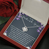 The perfect gift for your future mother in law. Brilliant 14k white gold Love Knot necklace, Zirconia crystal with smaller cubic zirconia. Includes a heartfelt message card included guaranteed to melt your new mother in laws heart.