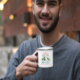 Customizable Retro Style Adventuring Together 12oz Tin Camping Mug. Personalize with your names and date