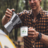 Customizable Retro Style Adventuring Together 12oz Tin Camping Mug. Personalize with your names and date