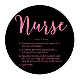 Personalized Nurse Definition Round Glass Cutting Board Perfect gift for Birthday's Christmas, Mother's day and many more occasions including recently graduated nurses or retired nurses! Nurses: Makes for an awesome gift for yourself! 11" Diameter Made from Gorilla glass for strength and durability Hand wash only.