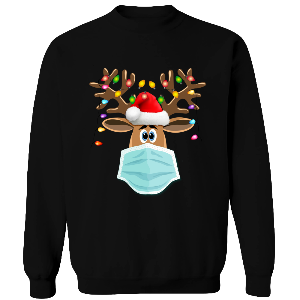 Masked Reindeer Christmas Crewneck Sweatshirt . Reindeer has a blue mask , red santa hat and Christmas lights on the antlers. Very cute and comfortable!