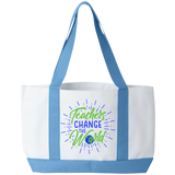 Teachers Change The World Tote Bag. Teachers have a lot to carry! Show your appreciation with the beautiful and durable Tote Bag . The perfect gift for the 2020 teacher. 19"  x  12 "  x 4" , Open,  Front Pocket Two Self-Fabric Handles. White with Light Blue Handles and base