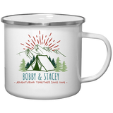 Customizable Retro Style Adventuring Together 12oz Tin Camping Mug. Personalize with your names and date