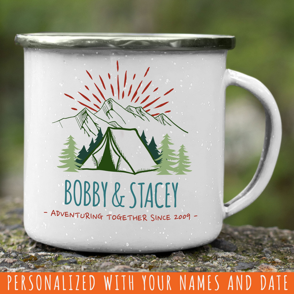 Customizable Retro Style Adventuring Together 12oz Tin Camping Mug. Personalize with your names and date