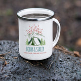 Customizable Retro Style Adventuring Together 12oz Tin Camping Mug. Personalize with your names and date
