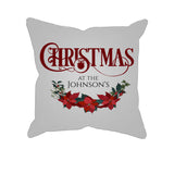 Christmas At The .. Decorative Pillow Case With Custom Personalized Family Name Personalize the pillow with your family name or for the family that will receive this beautiful pillow case as a Christmas gift. Dimensions: 17.5 inch x 17.5 inch Material: 100% soft Polyester Zipper closure Pillow not included