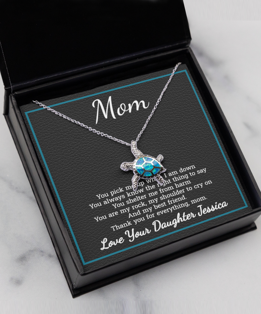 Personalized Opal Turtle Sterling Silver Necklace For Mom From Daughter