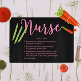 Personalized Nurse Definition Rectangle Glass Cutting Board Perfect gift for Birthday's Christmas, Mother's day and many more occasions including recently graduated nurses or retired nurses! Nurses: Makes for an awesome gift for yourself! 11" x 15" Made from Gorilla glass for strength and durability Hand wash only.