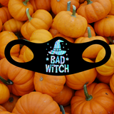 Black Face Mask and covering  For Halloween with Bad Witch  on it with a witches hat  Perfect for yourself or Halloween Party Favors. cozy and breathable. No uncomfortable elastic to rub. Non-medical-grade,Made in USA, Washable, Reusable, Easy to speak through, non-volume-canceling