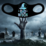 Black Face Mask and covering For Halloween with Bad Witch on it with a witches hat Perfect for yourself or Halloween Party Favors. cozy and breathable. No uncomfortable elastic to rub. Non-medical-grade,Made in USA, Washable, Reusable, Easy to speak through, non-volume-canceling